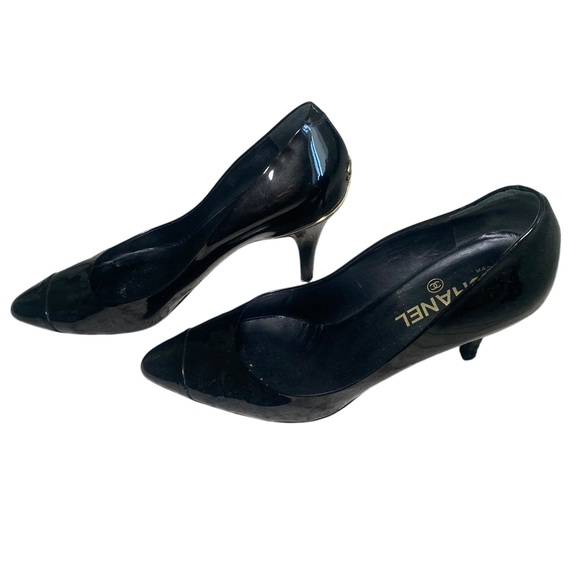 CHANEL Black Patent Leather Heels with Gold Accent size 39.5 - Picture 12 of 14